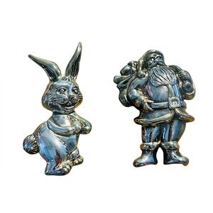 Bunny Rabbit & Santa Brooches Pin Pendant Silver and gold tone